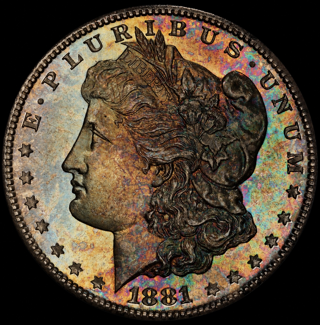 Rainbow toned 1881 Morgan silver dollar