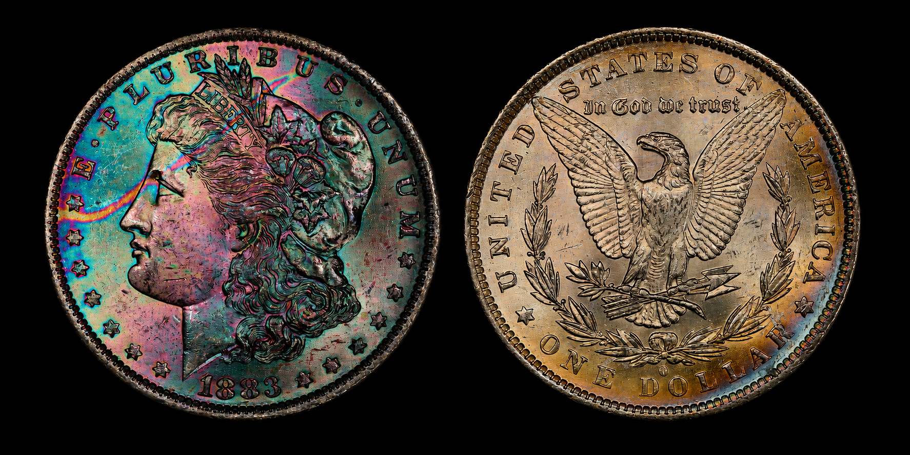 1883 rainbow toned Morgan silver dollar