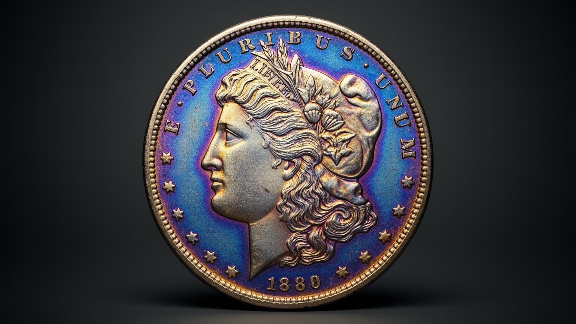 Rainbow toned 1880 Morgan silver dollar